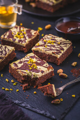 Gluten free and sugar free brownies with pistachio icing, Dubai style chocolate cake
