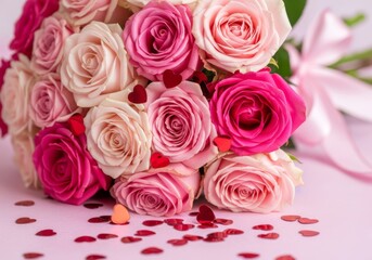 Fototapeta premium Bouquet of pink and white roses with red hearts representing romance and love on a pastel background.