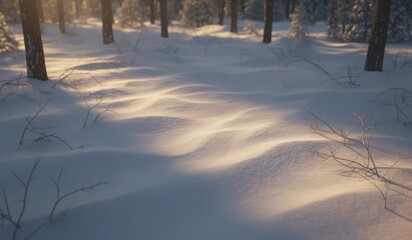 Snow-covered forest landscape with gentle light shining on serene winter scene at sunrise