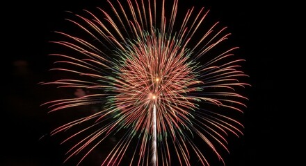 Obraz premium A vibrant firework bursts in the night sky, displaying red and green sparks radiating outwards from a central point.