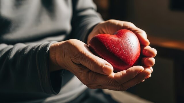 Person holding textured red heart in cupped hands indoors, showcasing concepts of love and care