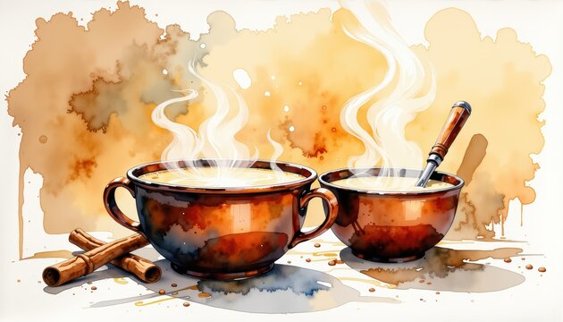 Coffee cups with cinnamon two cups of coffee garnished with cinnamon sticks and sprinkled with ground spice