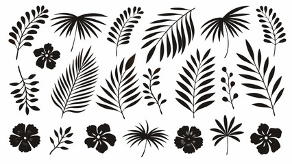 Exotic tropical foliage silhouette collection, trendy modern black leaves and flowers for striking designs, versatile botanical elements, originally vector graphics