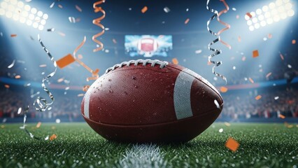 American football on a stadium field during celebration with falling confetti under bright lights