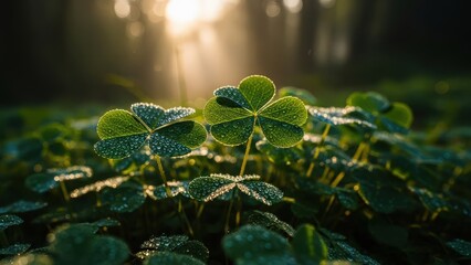 Fresh green clover leaves sparkle with dewdrops outdoors under bright morning sunrays in nature