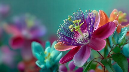 A close-up of a passion flower, showcasing its incredible purple and blue filaments and intricate structure. The background is a soft gradient of lime green to teal