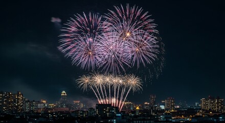 A vibrant fireworks display illuminates the night sky above a cityscape, creating a spectacular and colorful celebration.