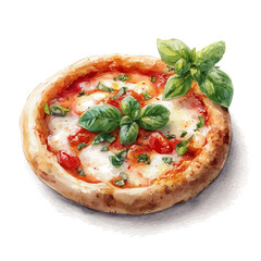 Pizza Margherita, watercolor vector, isolated on a white background.