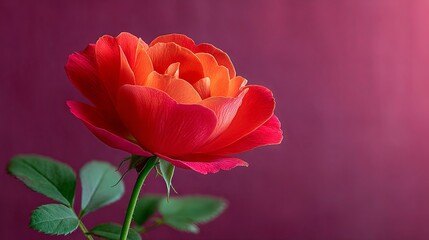 Fototapeta premium A single, dramatic red rose with velvety petals, isolated on a background of solid, bright magenta. The play of similar hues creates a sophisticated and intense pop of color