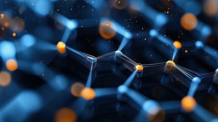 An abstract, futuristic image of a molecular structure with glowing spheres and interconnected lines, set against a dark background.