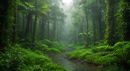 Fototapeta premium Lush Rainforest Stream Scenery with Ferns