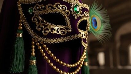 Ornate Venetian carnival mask with gold filigree, green jewel, peacock feather, and tassels indoors on a dark purple background