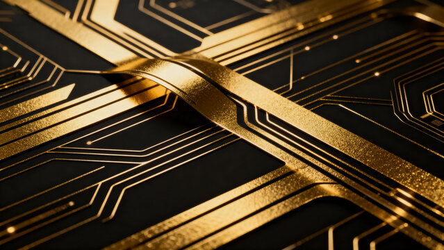 Golden circuit patterns on dark background