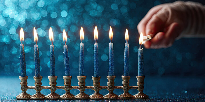 Hand lighting blue glitter Hanukkah menorah candles with warm glow