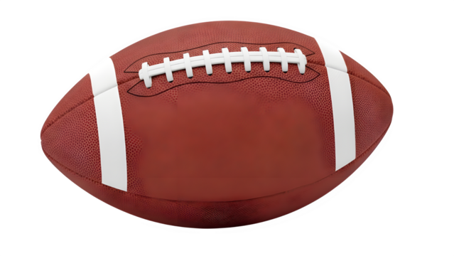 Close up of a brown american football with white stripes on black background