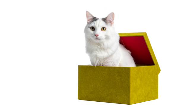 Cut kitten in box isolated on a transparent background.