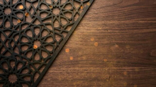 Intricate Islamic geometric lattice pattern on a dark wooden texture background with soft bokeh lights.
