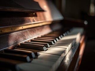 Close-up of a vintage piano, illuminated by sunlight, showcasing keys and wooden structure