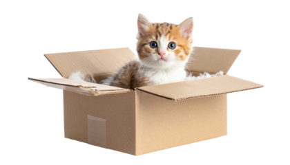 Cut kitten in box isolated on a transparent background.