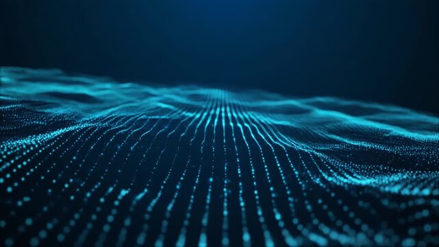 Abstract blue binary code background featuring a dark fractal wave pattern with a technology and science metaphor for information flow in cyberspace and virtual reality