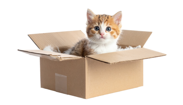 Cut kitten in box isolated on a transparent background.