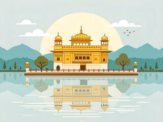 Golden Temple reflection in flat style
