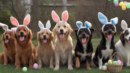 Happy Dogs Wearing Bunny Ears Celebrate Easter in a Sunny Garden Filled With Colorful Eggs