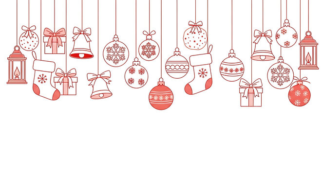 Hand drawn christmas ornaments and decorations hanging on white background - Powered by Adobe