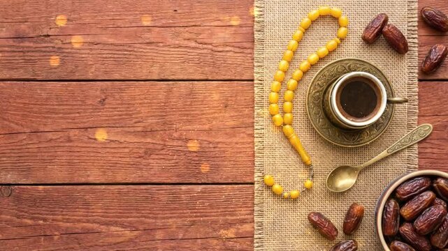 A flat lay of coffee, dates, and yellow prayer beads on a wooden table, representing an Islamic tradition.