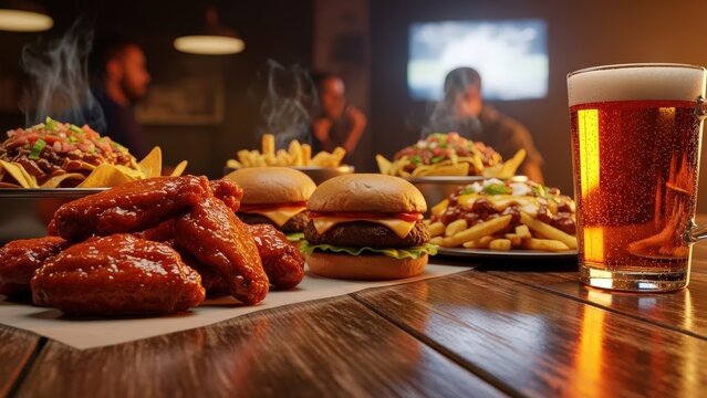 Hot chicken wings, burgers, fries, and nachos served with a cold beer on a rustic wooden table in a busy pub at night