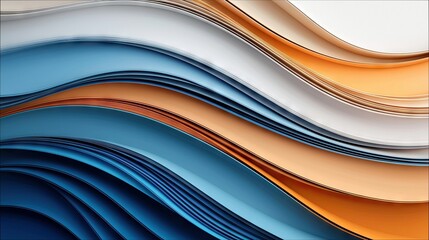 Obraz premium An abstract image featuring layered, wavy shapes in shades of blue, orange, and white, creating a sense of movement and depth.
