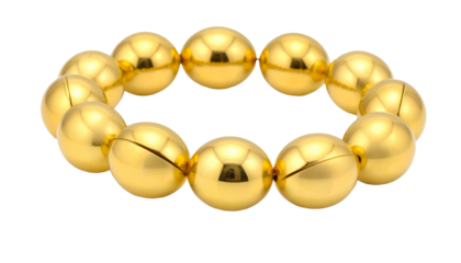 Gleaming golden bead bracelet, circular, shiny, against black