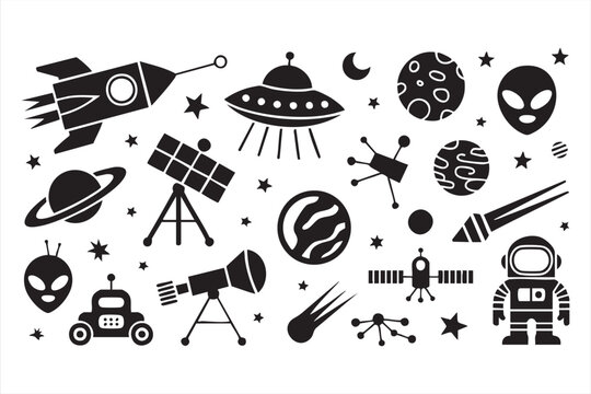 Astronomy-themed vector set featuring telescopes, satellites, and space robots - Powered by Adobe