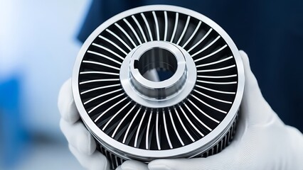 Precision Engineered Turbine Component Held by Gloved Hands Close Up Studio Shot Demonstrating Manufacturing Quality and Attention to Detail in Industrial 