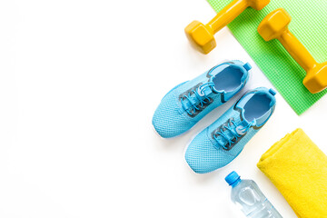 Still life of group sports equipment for fitness and healthy living, wellness concept, top view