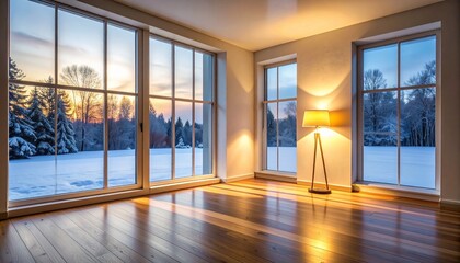 Obraz premium 冷たい霜の窓を背景に、柔らかなランプの灯りが木の面に穏やかな影を落とすミニマルな冬の室内です。 暖光と冷色のバランスが、心地よい静けさと少しの孤独感を帯びたジャズ的な空気を生み出します。