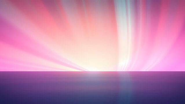 Vibrant pink and purple aurora light rays over calm reflective water