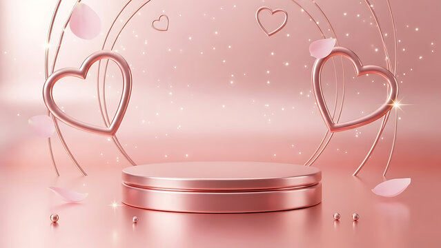 Elegant pink podium display with heart shapes and falling petals, perfect for Valentine's Day celebrations and romantic themes