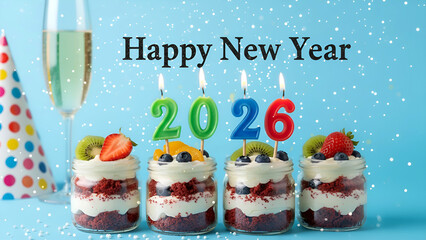 New Year 2026 Dessert Jars with Fruit Toppings and Festive Celebration Setup