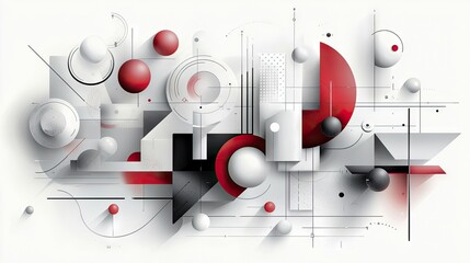 Obraz premium An abstract composition featuring geometric shapes, including spheres, circles, and lines, in red, white, and gray against a white background.
