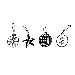 Four individual bauble illustrations, drawn by hand in black and grey.