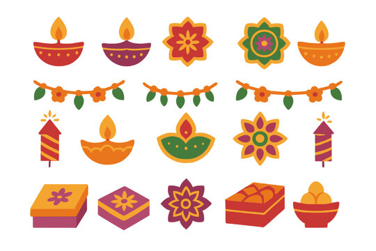 Traditional Diwali festival decorations featuring colorful diya lamps, mithai sweets, and floral garlands