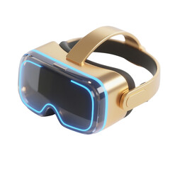 A 3D gold VR headset icon viewed from front with neon details on a transparent background, ideal for gaming dashboards, metaverse concepts, branding, UI kits and virtual reality projects