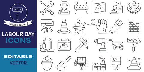Labour Day icon collection set. Set of 24 outline web labour day icons such as factory, worker, mechanical engineering, cleaning, plumber and more. Vector illustration.