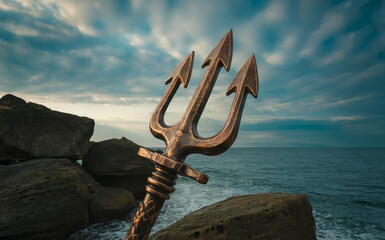 Fototapeta premium Ancient Bronze Trident Standing on Rocky Shore Against Stormy Sea Background