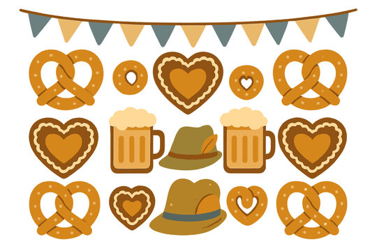 Traditional Bavarian Oktoberfest set with pretzels, gingerbread hearts, beer mugs, and trachten hats