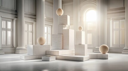 An abstract composition featuring geometric shapes, including cubes and spheres, arranged in a classical interior with pillars and windows, bathed in soft sunli