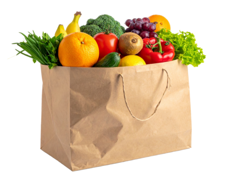 Paper bag with groceries isolated on a transparent background.