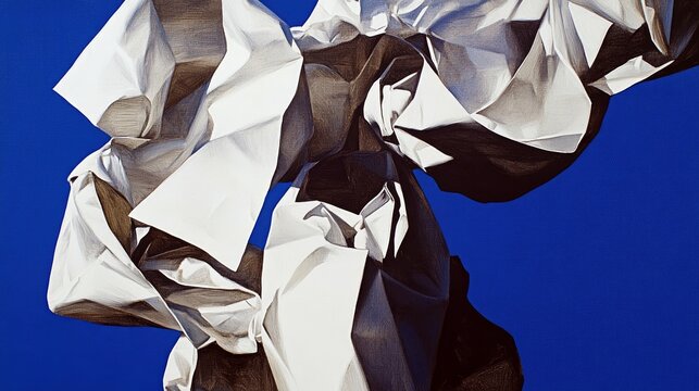 An artistic rendering of crumpled white paper against a vibrant blue backdrop, creating an abstract and dynamic composition.