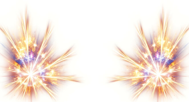 Two bursts of bright golden light with purple accents on white background